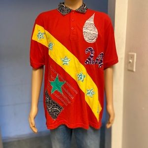 GENUINE THREADZ RED POLO WITH PIECES OF BANDANNA ON FRONT S M L  XL